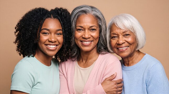 black women family generations mother daughter grandmother smiling portrait love embrace on a beige background with smiles for intergenerational bonding heritage care and family support campaigns