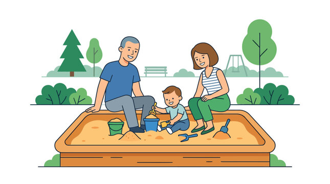 Happy family playing together in a sandbox at the park.