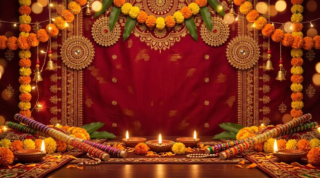 Navratri, elegant red and gold festive background featuring beautifully decorated dandiya sticks, glowing clay diyas, marigold flower garlands, intricate golden mandala ornaments