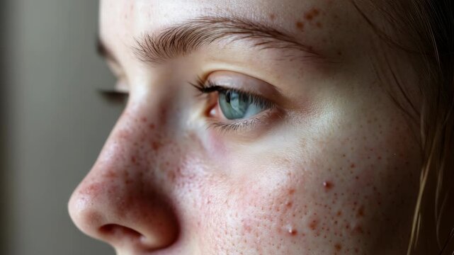 A young adult with freckles on their face looking downwards. The is focused on the person's facial features, highlighting their blue eyes and the texture of their skin.