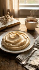 Fototapeta premium Cream-colored pastry swirl on white plate with fork, steaming coffee cup, open book with dried flowers, and window light for breakfast or dessert styling.