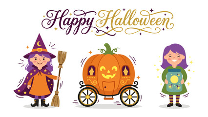 Fototapeta premium Happy Halloween Illustration: A charming and whimsical illustration featuring a cute witch with a broom, a pumpkin carriage, and a happy child holding a jar of fireflies.