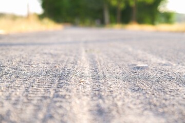 Selective focus. Low angle view of a gravel dirt road disappearing into a blurry green tree background © AnnFossa