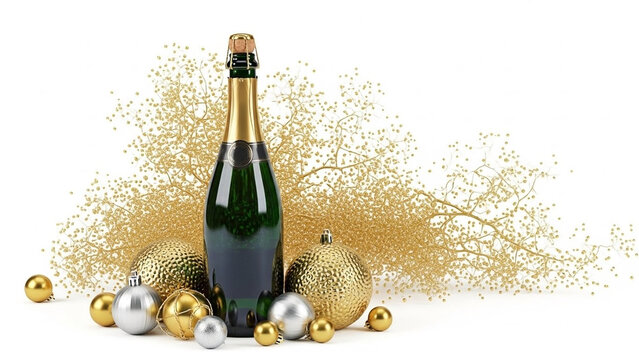Champagne Bottle with Festive Ornaments and Glittery Branches