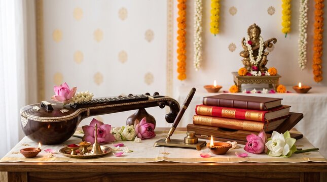 Saraswati Puja, beautifully decorated study table with sacred books, traditional fountain pen, veena, lotus blossoms and glowing diyas on a clean white and gold backdrop