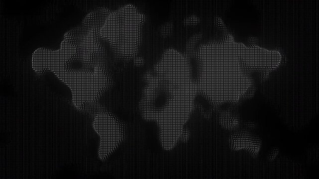 Glowing dotted world map on dark LED screen, abstract digital halftone technology background, seamless loop