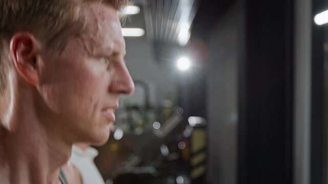 Close-up view of Caucasian man running on treadmill in gym, sweating and breathing heavily during intense cardio workout. Perfect for fitness center promotions and health insurance commercials
