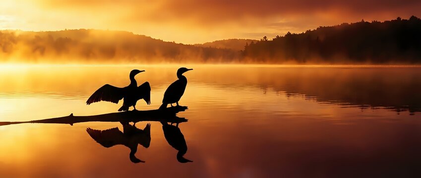 Silhouetted cormorants perched on a log at sunrise over a misty lake, their reflections mirrored in calm golden waters, ideal for nature and wildlife themes.