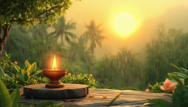 Burning Brass Diya on Wooden Platform in Rainy Monsoon Forest at Sunset