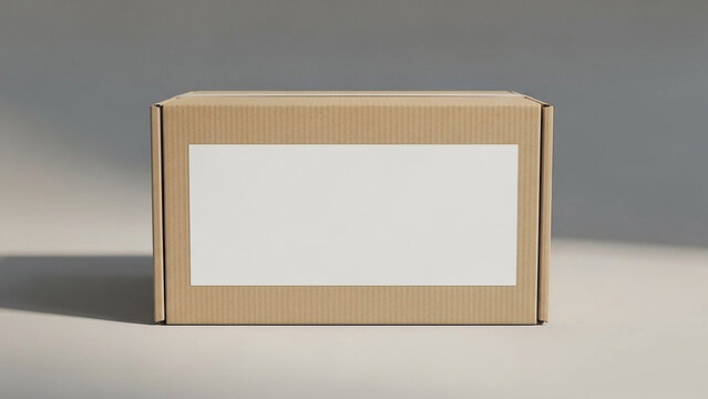 Cardboard Box with White Label on a Neutral Background