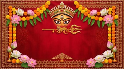 Obraz premium Durga Puja, elegant premium banner with artistic Goddess Durga eyes, trishul, lotus flowers, marigold garlands and traditional Bengal decorative borders framing a luxurious deep red background