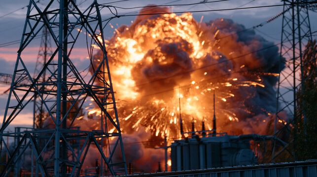 Dramatic sunset scene showing an electrical transformer exploding within a high voltage substation, brilliant fireball, rolling smoke clouds, steel transmission towers and power lines creating a str