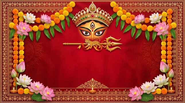 Durga Puja, elegant premium banner with artistic Goddess Durga eyes, trishul, lotus flowers, marigold garlands and traditional Bengal decorative borders framing a luxurious deep red background