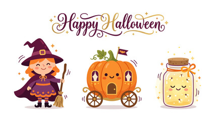 Fototapeta premium Happy Halloween: A cute cartoon witch with a broom, a pumpkin carriage, and a glowing jar with a smiley face, perfect for celebrating Halloween with a touch of magic and fun.