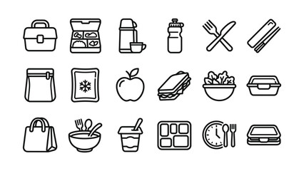 Fototapeta premium black line icons of food and drink items for lunch