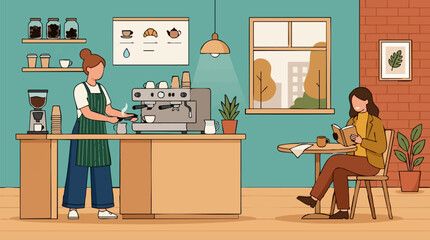Fototapeta premium Cafe scene illustration with barista preparing coffee and customer reading