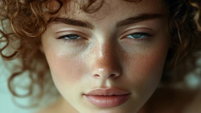 A young woman's face, focusing on her unique eye color and facial features. She has light skin, curly hair, and freckles, providing a detailed and engaging view.