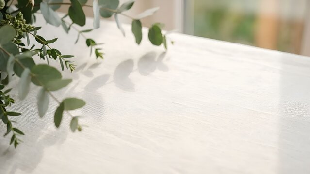 Minimalist workspace background with eucalyptus leaves and soft sunlight shadow on white fabric texture