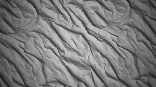Crumpled and wrinkled white paper texture animation loop with dramatic, high-contrast organic shadows and deep artistic shades across the creased surface