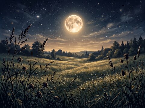 A moody, moonlit grassy field with a full moon shining in the dark night sky. An atmospheric natural landscape illustration featuring silhouetted wild grass and warm, cinematic lighting.