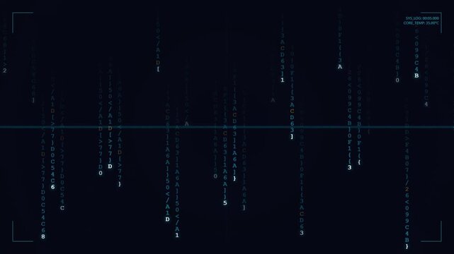 Digital data streaming background with scrolling blue alphanumeric code