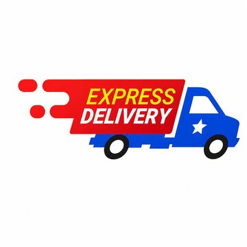 Blue delivery truck with express delivery sign and speed lines