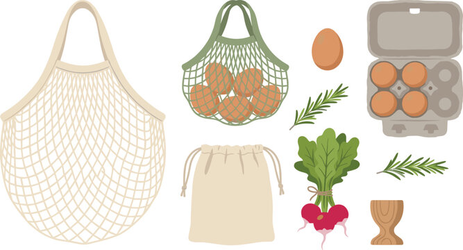 Eco Friendly Grocery Shopping and Farm Fresh Produce Clipart Vector Set with Reusable Net Tote Bags String Canvas Sack Carton Eggs Radish and Rosemary