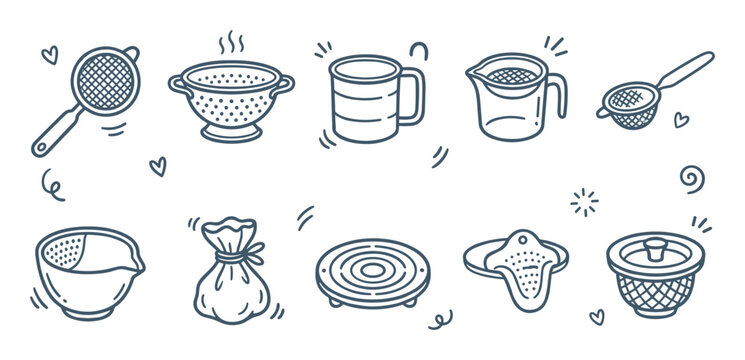 Hand-drawn line art icons of various kitchen strainers and colanders