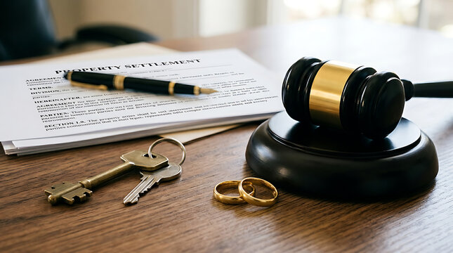Law, justice, gavel, and keys on a desk, property settlement