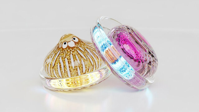 Glass Art Objects with Swirling Colors and Faces