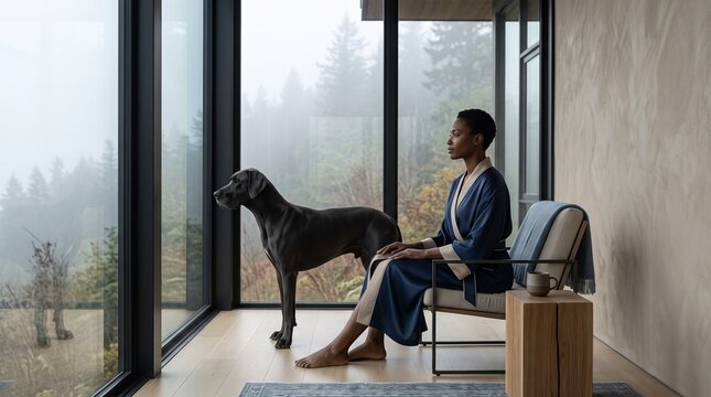 Woman with Dog Gazing at Forest Through Window