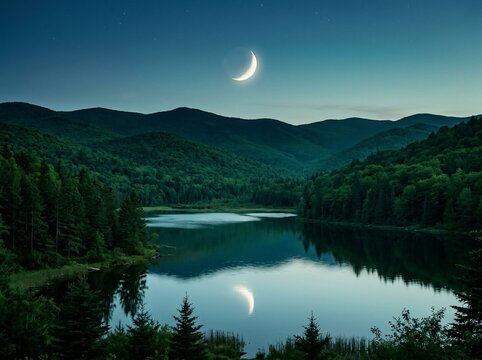 Crescent moon over a calm mountain lake at night