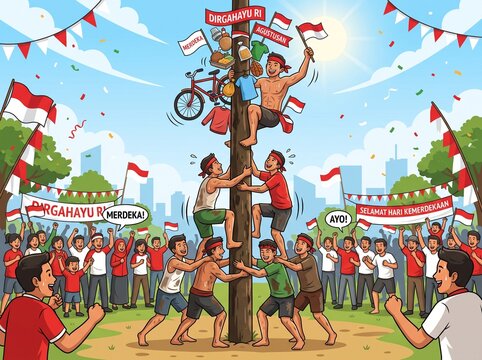 group of man playing game panjat pinang to celebrate independent day of Indonesia