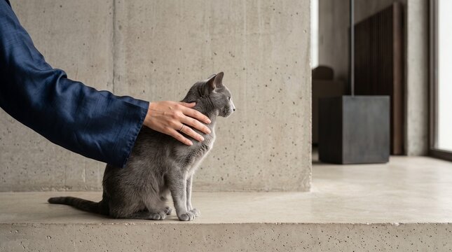 Person Petting Gray Cat on Concrete Floor