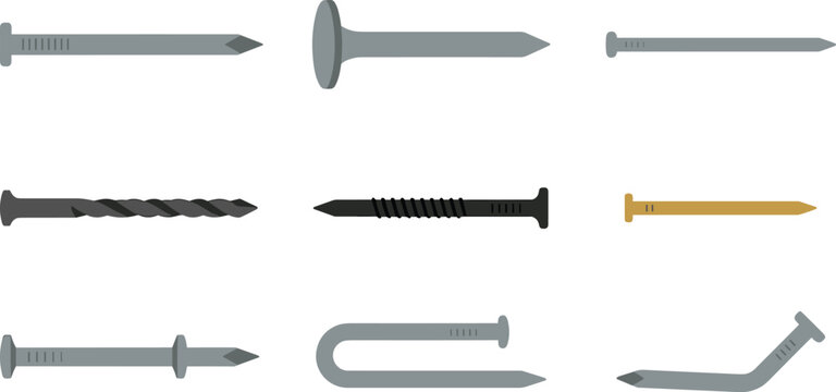 Industrial Construction Steel Hardware Nails Vector Icon Set with Common, Finish, Roofing, Screw, Ring Shank, Duplex, Bent, and Staple Nail Fastener Elements