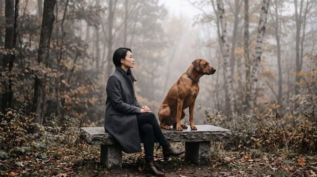 Woman and Dog Sitting Together in Misty Forest