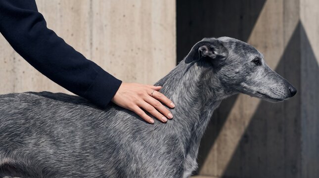 Hand Petting Gray Dog Against Concrete Wall
