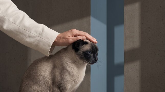 Hand Petting Siamese Cat with Affection and Care