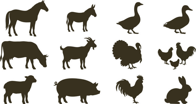 Farm Animals Collection Silhouette Vector Set with Dog Horse Cat Cow Pig Goat Sheep Deer Wolf Fox and Mammal Animal Icons Illustration