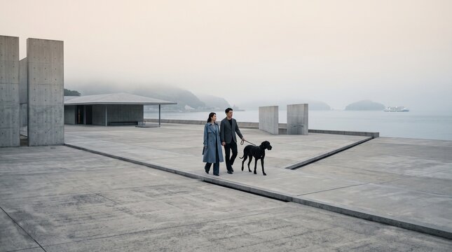 Couple Walking Dog on Minimalist Waterfront Plaza