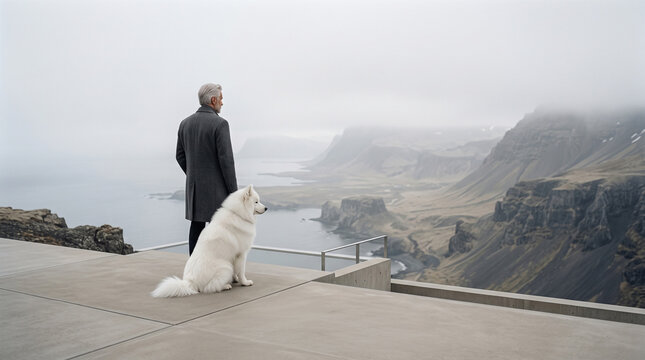 Senior Man With White Dog Overlooking Misty Mountain Valley