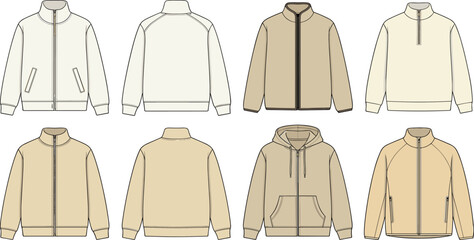 Beige and Cream Fleece Jacket Fashion Apparel Template Vector Icon Set with Blank Full Zip Coats Front and Back Views and Half Zip Pullover Mockups for Brand Merchandise Designs © MdRiazul