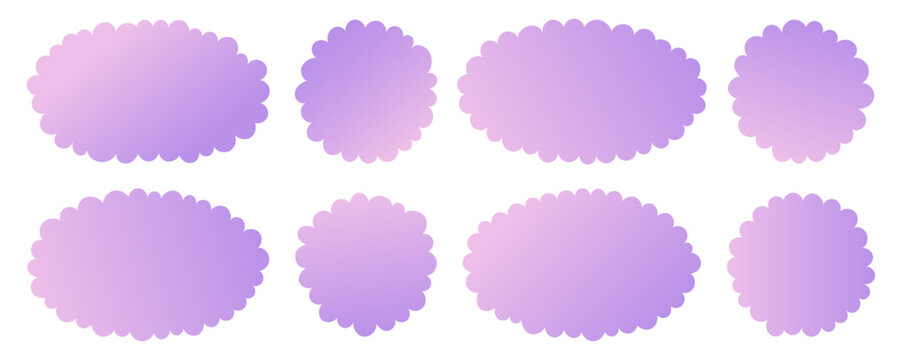 Purple and pink gradient fluffy label set. Cloud shaped circle frames. Round smoke border templates. Speech bubble backgrounds, stickers, badges, decorative design elements.