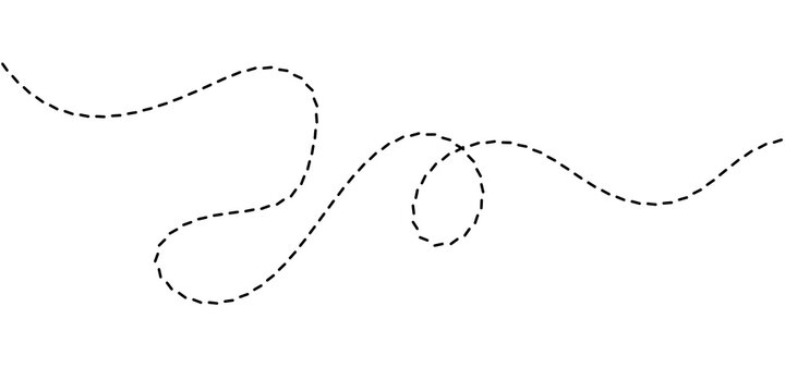 Abstract dashed line representing a winding path or a flight path with a subtle curved loop in the middle, isolated on a white background, suitable for graphics