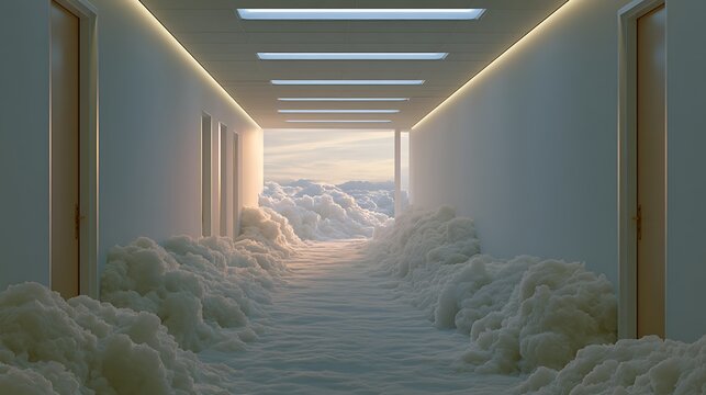 Prompt: An eerie yet beautiful liminal dreamscape. A long, empty corporate hallway with fluorescent lights overhead, but the floor transitions into a soft, fluffy sea of clouds that stretches 