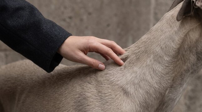 Child's Hand Gently Petting Gray Dog