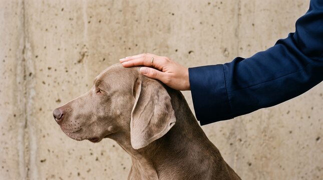 Hand Petting Weimaraner Dog Head Outdoors
