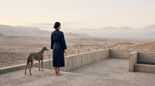 Woman Standing With Dog Overlooking Desert Landscape