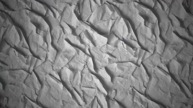 Crumpled and wrinkled white paper texture animation loop with dramatic, high-contrast organic shadows and deep artistic shades across the creased surface