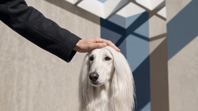 White Saluki Dog Being Petted by Woman in Business Attire